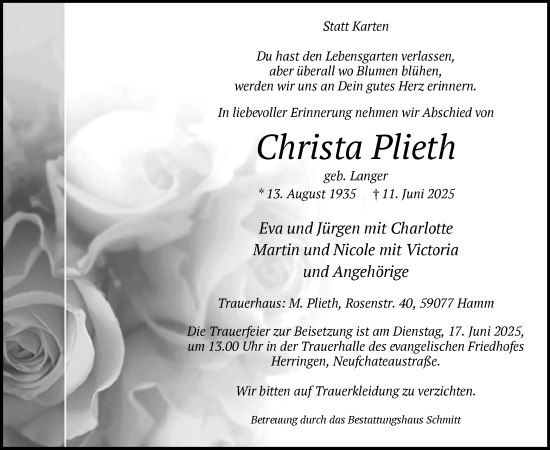 Todesanzeige von Christa Plieth von HAWA