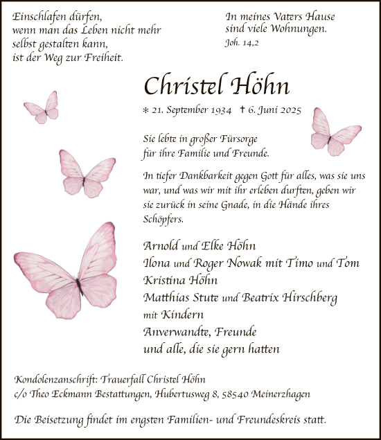 Todesanzeige von Christel Höhn von HALN