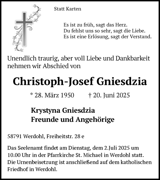 Todesanzeige von Christoph-Josef Gniesdzia von HALN