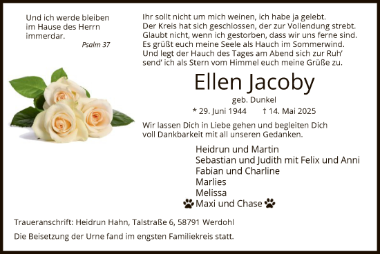 Todesanzeige von Ellen Jacoby von HALN