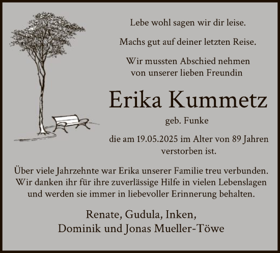 Todesanzeige von Erika Kummetz von HALN