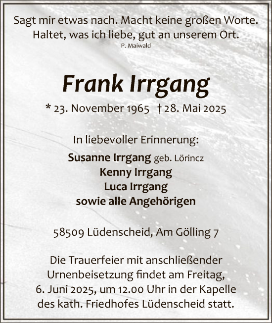 Todesanzeige von Frank Irrgang von HALN