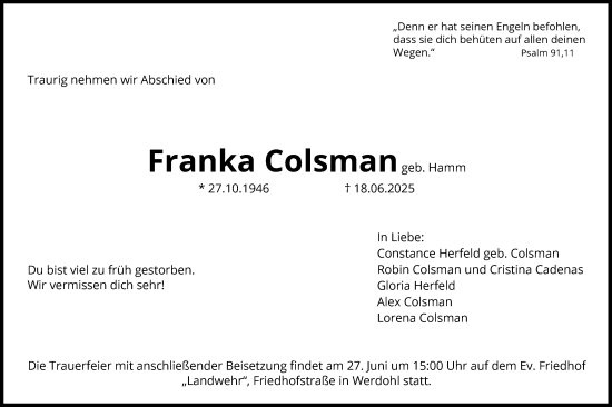 Todesanzeige von Franka Colsman von HALN