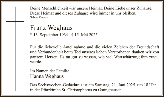 Todesanzeige von Franz Weghaus von HASO