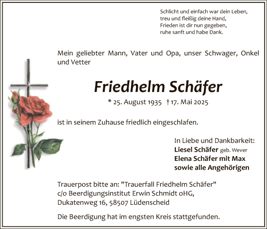 Todesanzeige von Friedhelm Schäfer von HALN