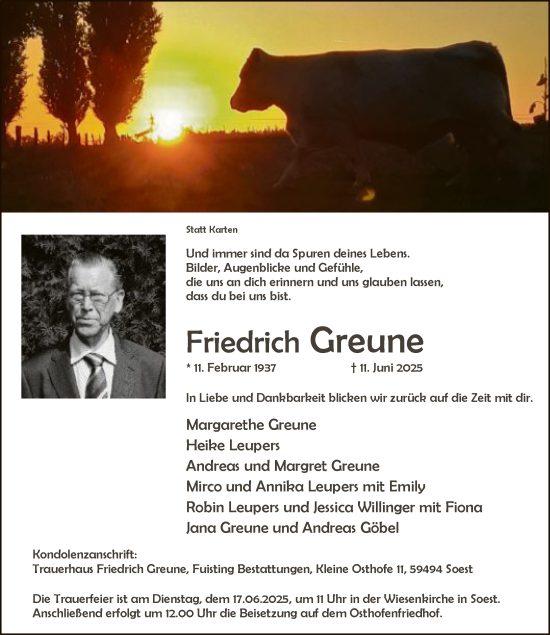 Todesanzeige von Friedrich Greune von HASO