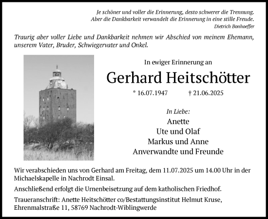 Todesanzeige von Gerhard Heitschötter von HALN