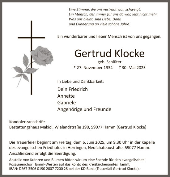 Todesanzeige von Gertrud Klocke von HAWA