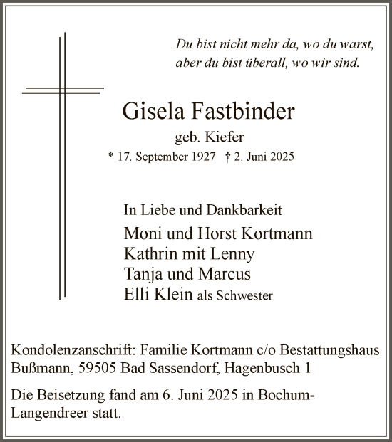Todesanzeige von Gisela Fastbinder von HASO