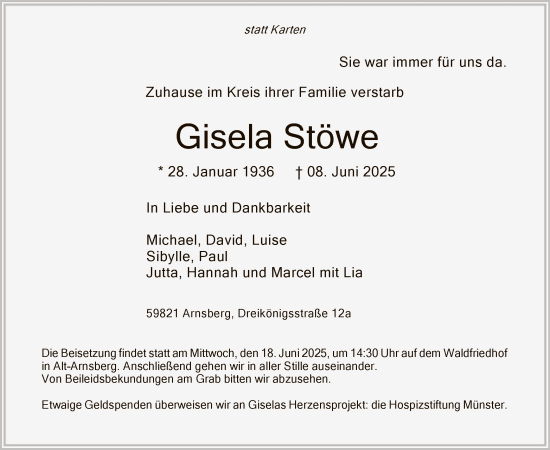 Todesanzeige von Gisela Stöwe von HASK