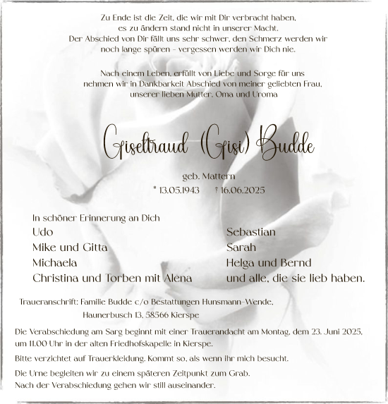 Todesanzeige von Giseltraud Budde von HALN