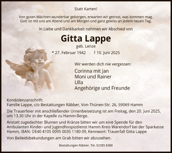 Todesanzeige von Gitta Lappe von HAWA
