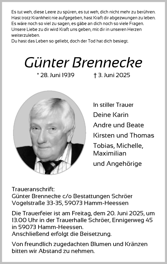 Todesanzeige von Günter Brennecke von HAWA