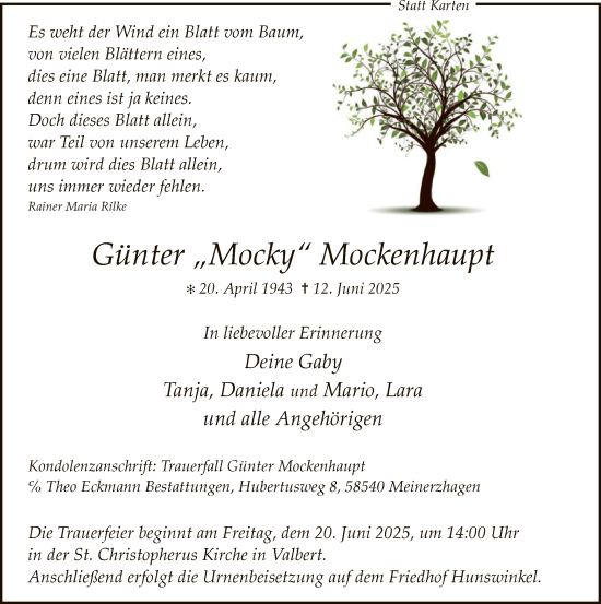 Todesanzeige von Günter Mockenhaupt von HALN