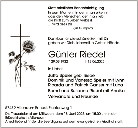 Todesanzeige von Günter Riedel von HASK