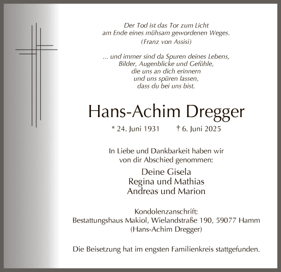 Todesanzeige von Hans-Achim Dregger von HAWA