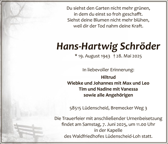 Todesanzeige von Hans-Hartwig Schröder von HALN