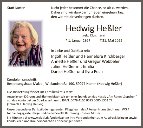Todesanzeige von Hedwig Heßler von HAWA