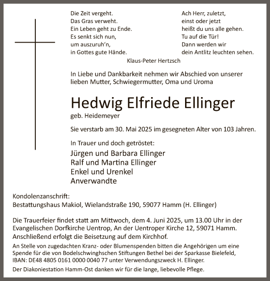 Todesanzeige von Hedwig Elfriede Ellinger von HAWA