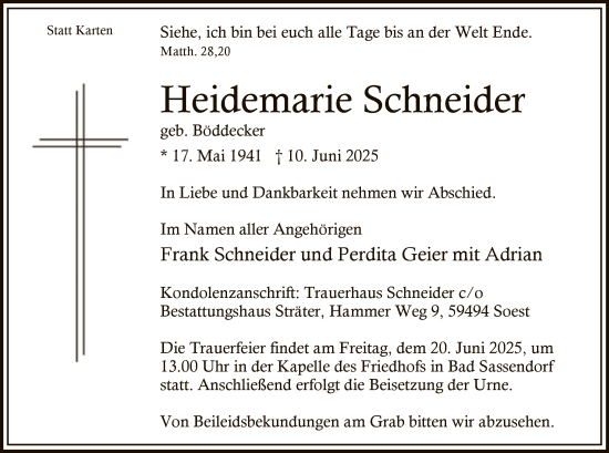 Todesanzeige von Heidemarie Schneider von HASO