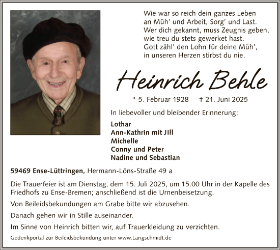 Todesanzeige von Heinrich Behle von HASO
