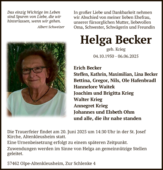 Todesanzeige von Helga Becker von HASK