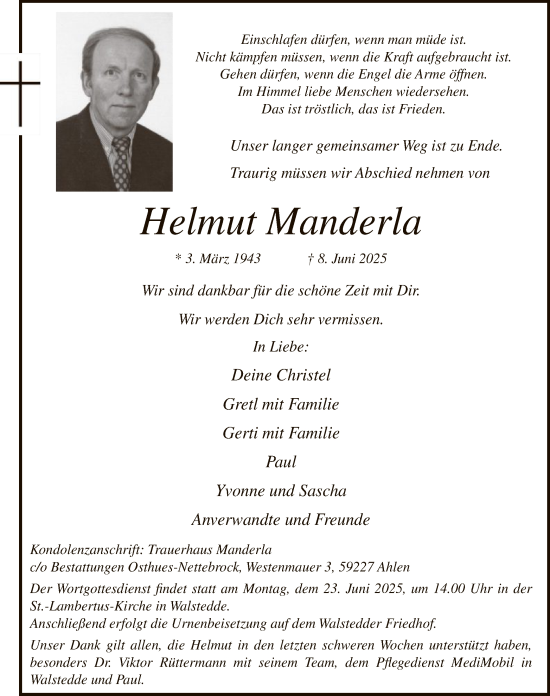 Todesanzeige von Helmut Manderla von HAWA
