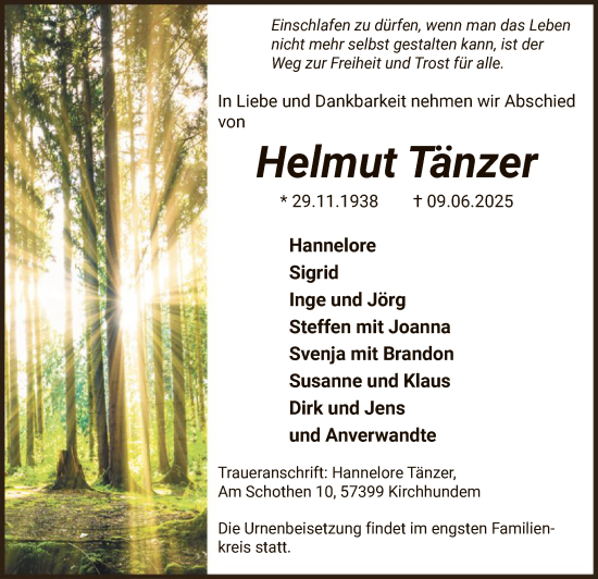 Todesanzeige von Helmut Tänzer von HASK