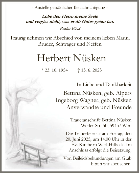 Todesanzeige von Herbert Nüsken von HASOHAWA