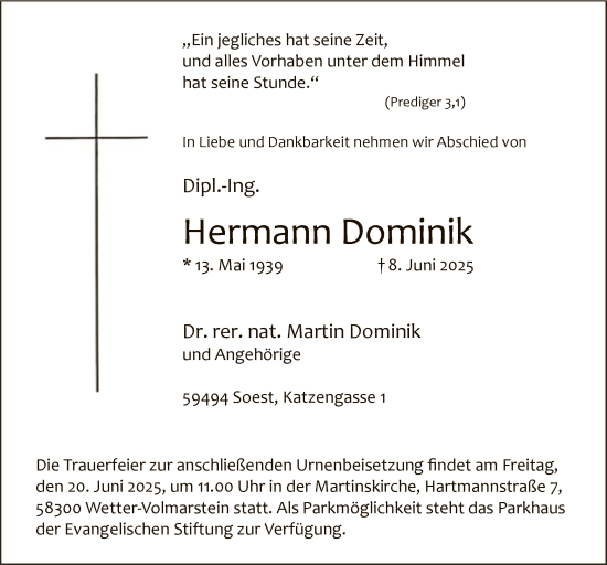 Todesanzeige von Hermann Dominik von HASO