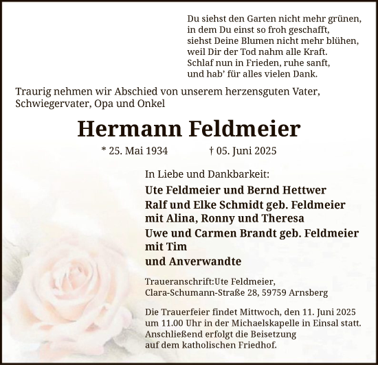 Todesanzeige von Hermann Feldmeier von HALN
