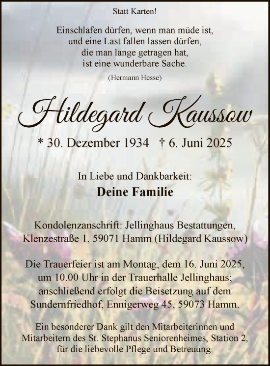 Todesanzeige von Hildegard Kaussow von HAWA