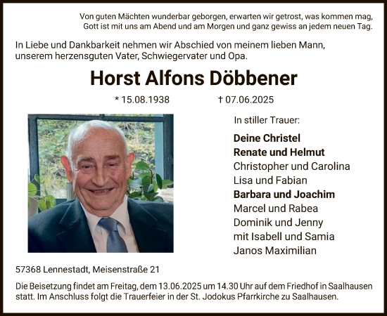 Todesanzeige von Horst Alfons Döbbener von HASK