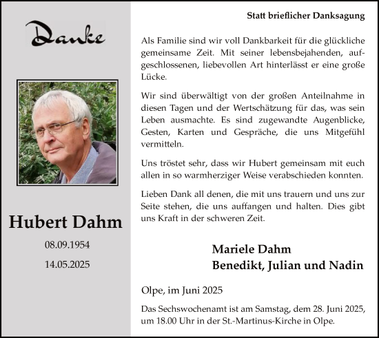 Todesanzeige von Hubert Dahm von HASK