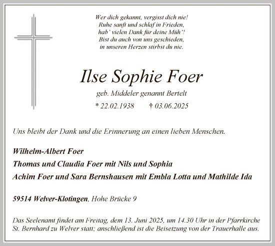 Todesanzeige von Ilse Sophie Foer von HASO