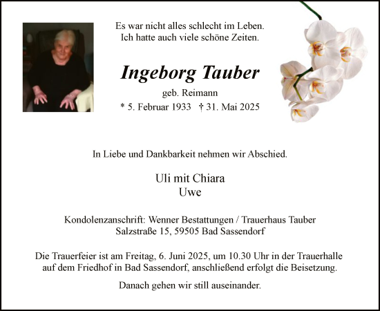 Todesanzeige von Ingeborg Tauber von HASO