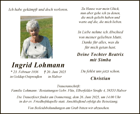 Todesanzeige von Ingrid Lohmann von HALN