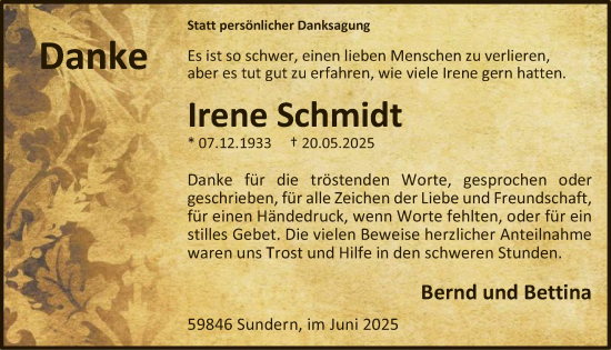 Todesanzeige von Irene Schmidt von HASK
