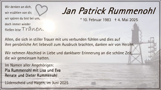 Todesanzeige von Jan Patrick Rummenohl von HALN