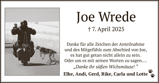 Todesanzeige von Joe Wrede von HASO