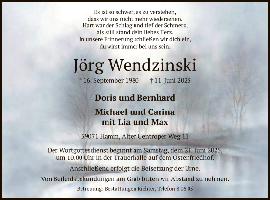 Todesanzeige von Jörg Wendzinski von HAWA