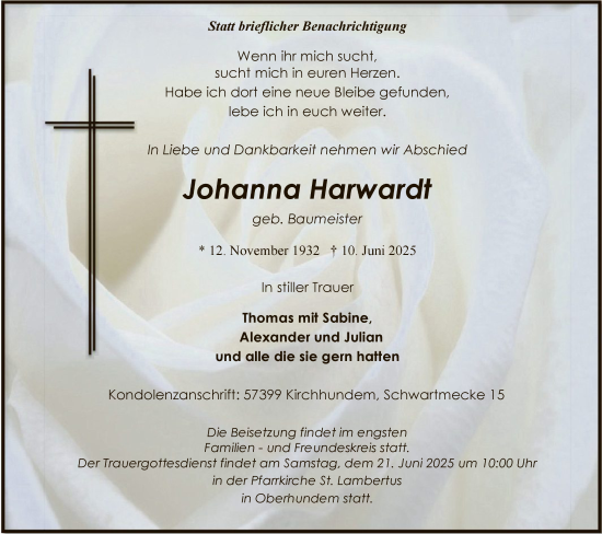 Todesanzeige von Johanna Harwardt von HASK