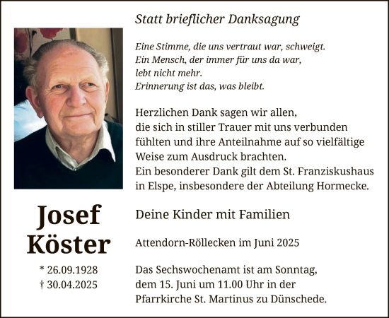 Todesanzeige von Josef Köster von HASK