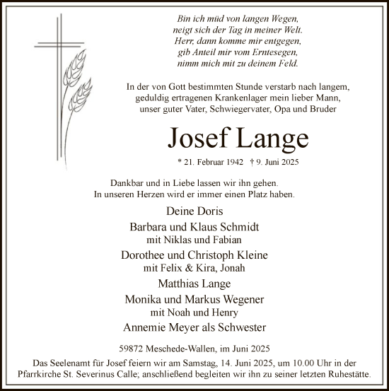 Todesanzeige von Josef Lange von HASK