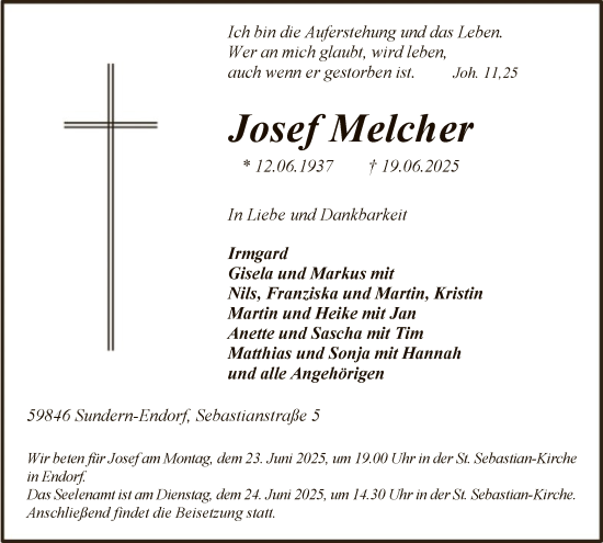 Todesanzeige von Josef Melcher von HASK