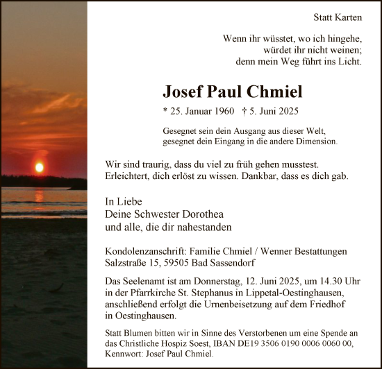 Todesanzeige von Josef Paul Chmiel von HASO