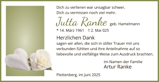 Todesanzeige von Jutta Ranke von HALN