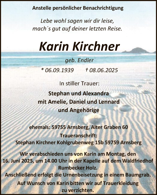 Todesanzeige von Karin Kirchner von HASK
