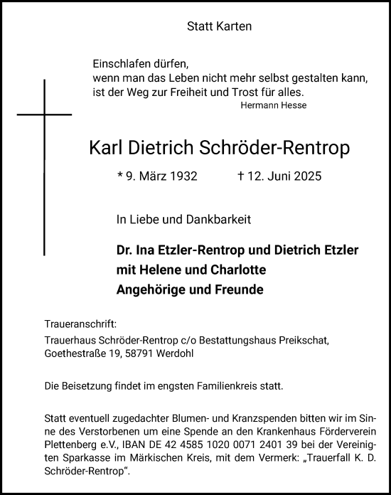 Todesanzeige von Karl Dietrich Schröder-Rentrop von HALN