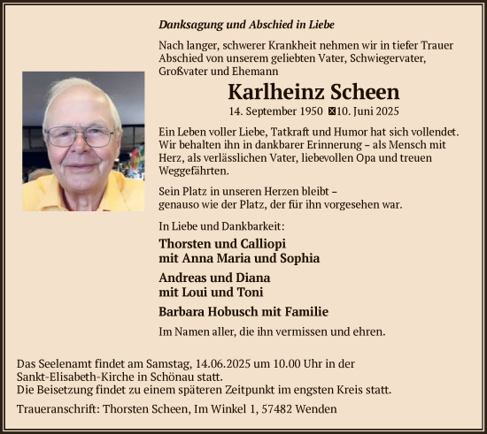 Todesanzeige von Karlheinz Scheen von HASK